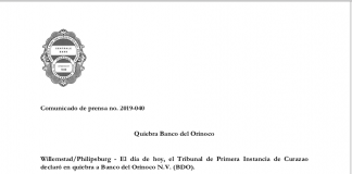 Curazao: Tribunal declara quiebra del Banco del Orinoco de Víctor Vargas COMUNICADO TRIBUNAL CURACAO BDO