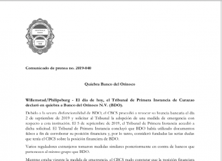 Curazao: Tribunal declara quiebra del Banco del Orinoco de Víctor Vargas COMUNICADO TRIBUNAL CURACAO BDO